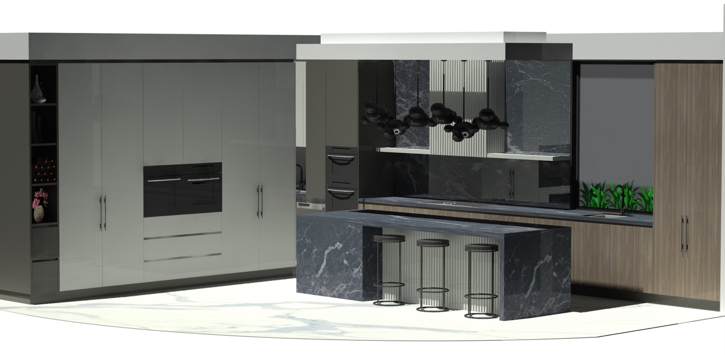 3D render of a modern kitchen